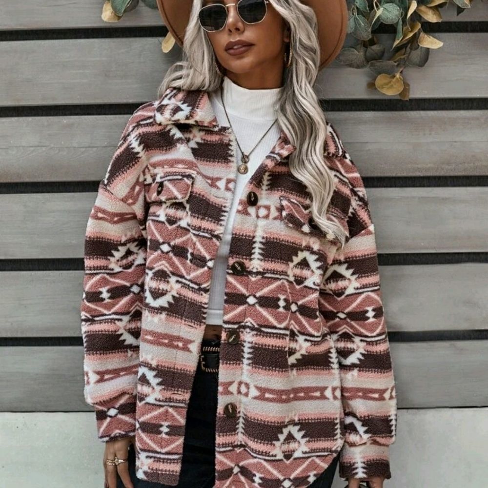 Geo Pattern Drop Shoulder Fleece Coat - Picture 4 of 8